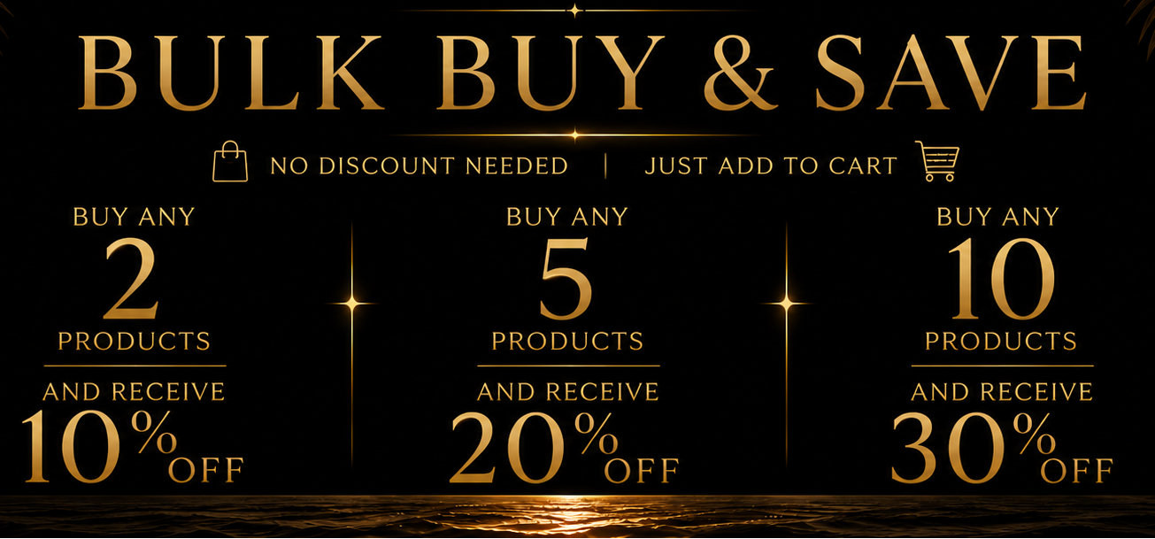 Promotional banner for 'The Glow Theory Tanning Products' featuring a bulk buy and save offer. The design has a black background with gold palm leaves on the sides, gold text, and a central logo with a gold palm tree