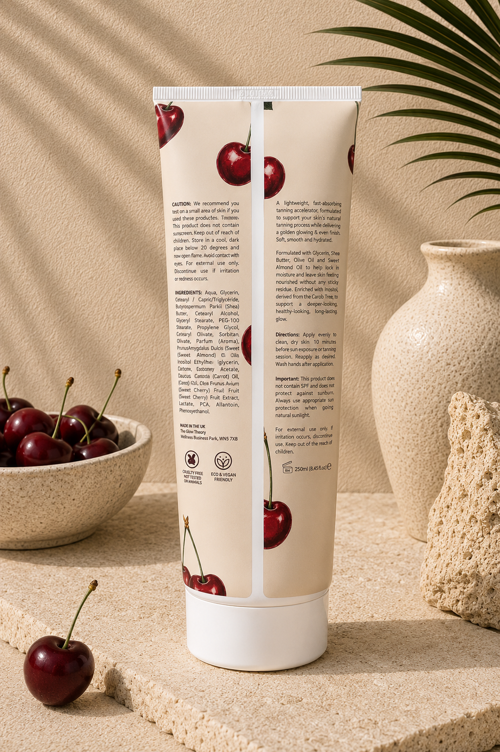 The Glow Theory Cherry Luxe tanning accelerator with a long-lasting cherry fragrance.