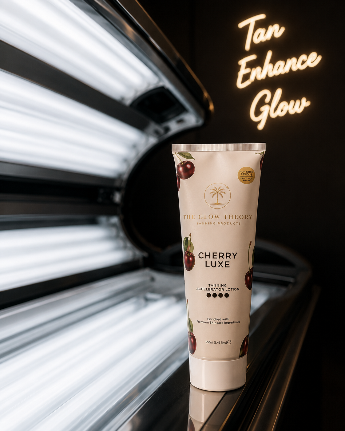 The Glow Theory Cherry Luxe tanning accelerator with a long-lasting cherry fragrance.