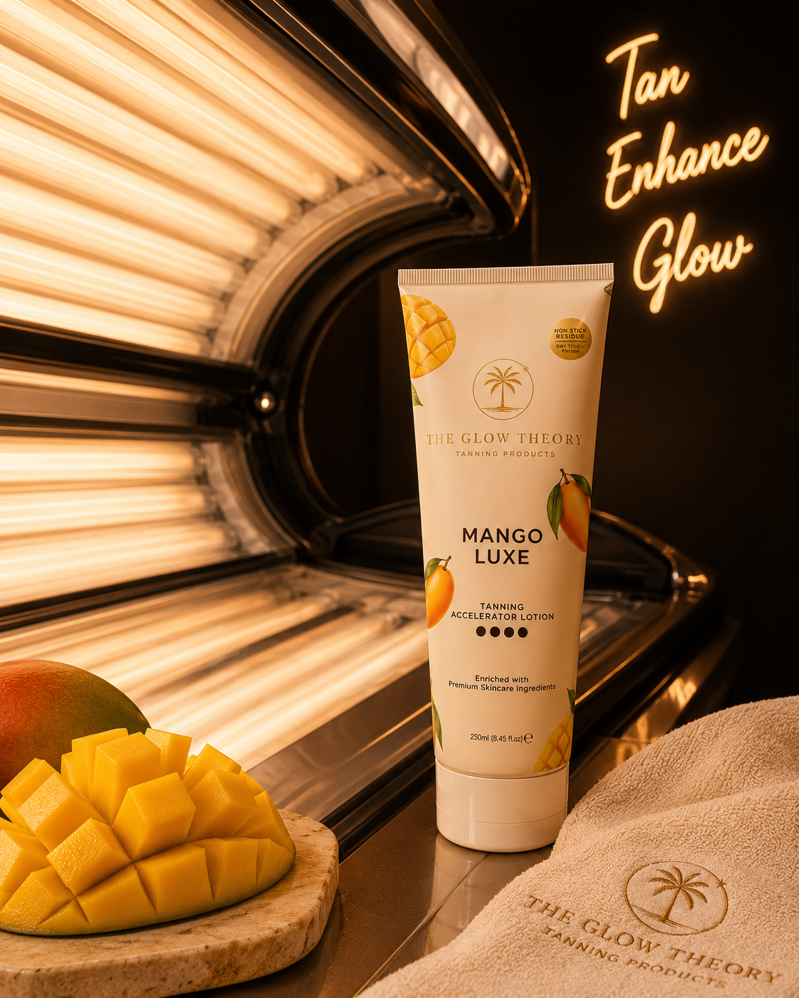 The Glow Theory Mango Luxe tanning accelerator with a long-lasting mango fragrance.