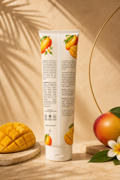 The Glow Theory Mango Luxe tanning accelerator with a long-lasting mango fragrance.