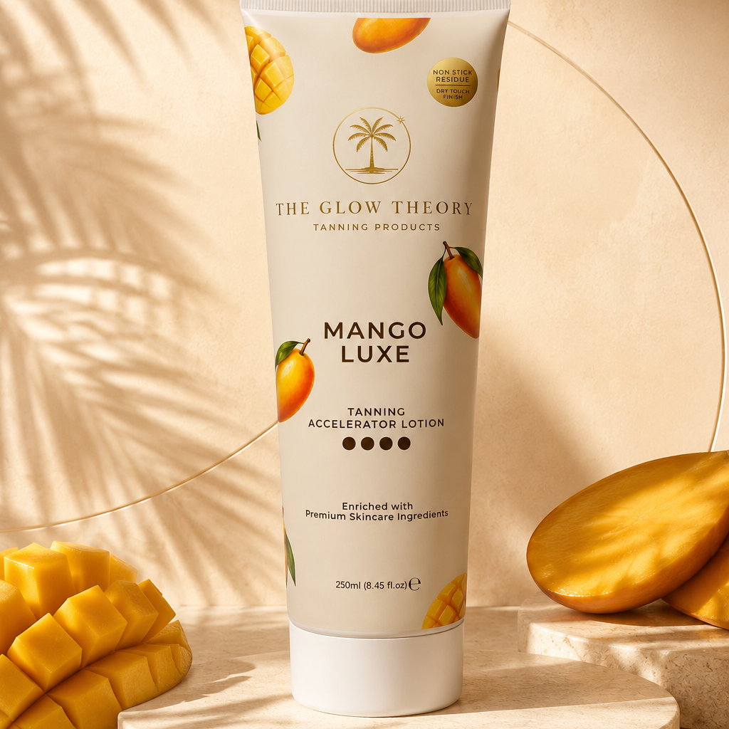 The Glow Theory Mango Luxe tanning accelerator with a long-lasting mango fragrance.
