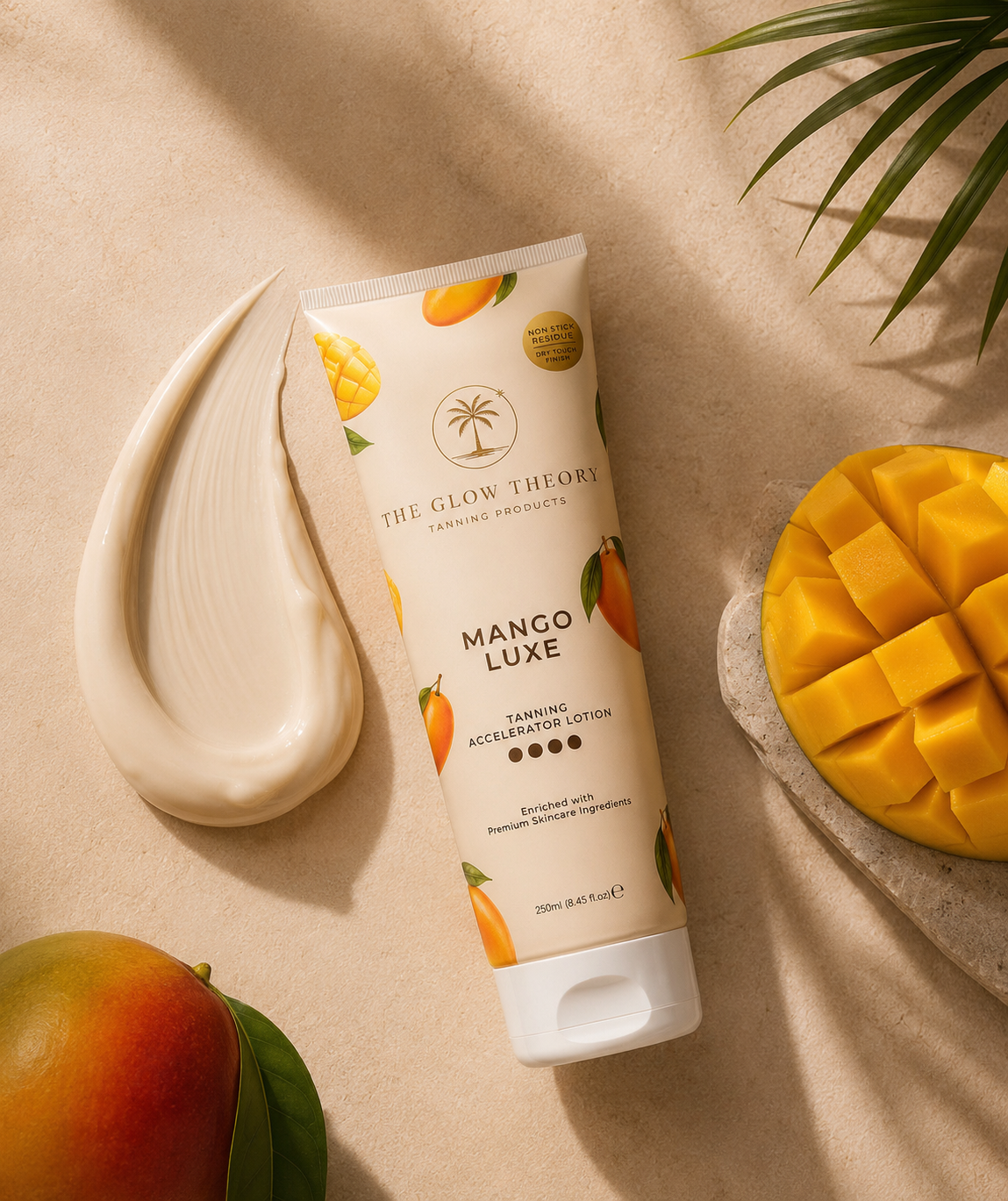 The Glow Theory Mango Luxe tanning accelerator with a long-lasting mango fragrance.